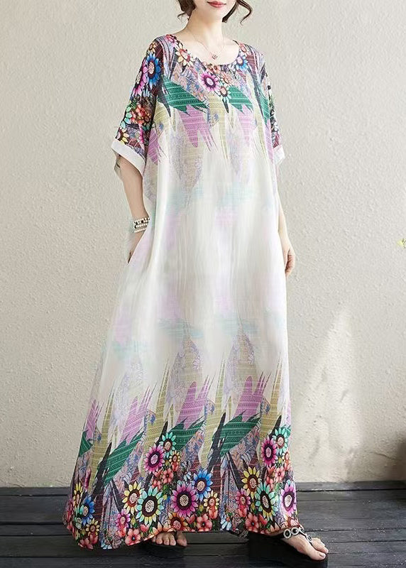Oversized Fitted Cotton White Print Sundress Sleeve Batwing