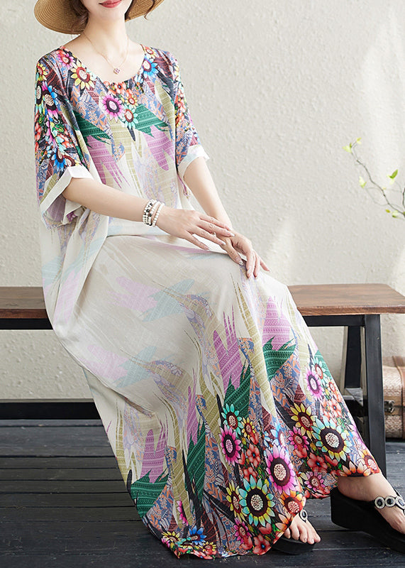 Oversized Fitted Cotton White Print Sundress Sleeve Batwing