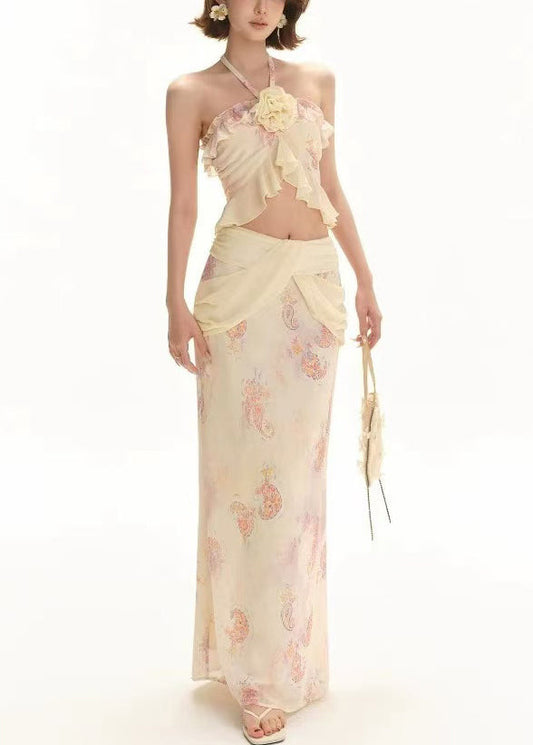 Chiffon Tank Set And Skirts Print Two Pieces Floral Apricot