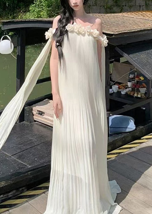 Beige Solid Summer Dresses Slash Chiffon Floral Neck Maxi