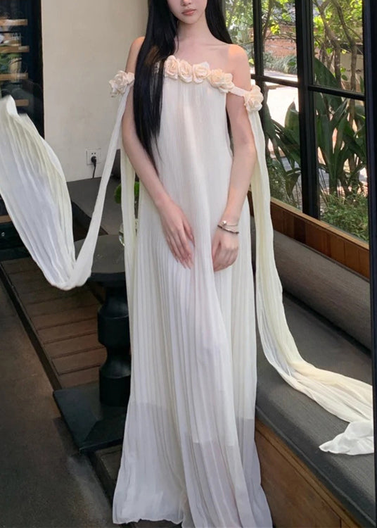 Beige Solid Summer Dresses Slash Chiffon Floral Neck Maxi