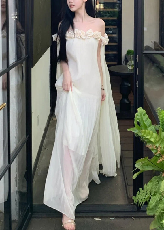 Beige Solid Summer Dresses Slash Chiffon Floral Neck Maxi