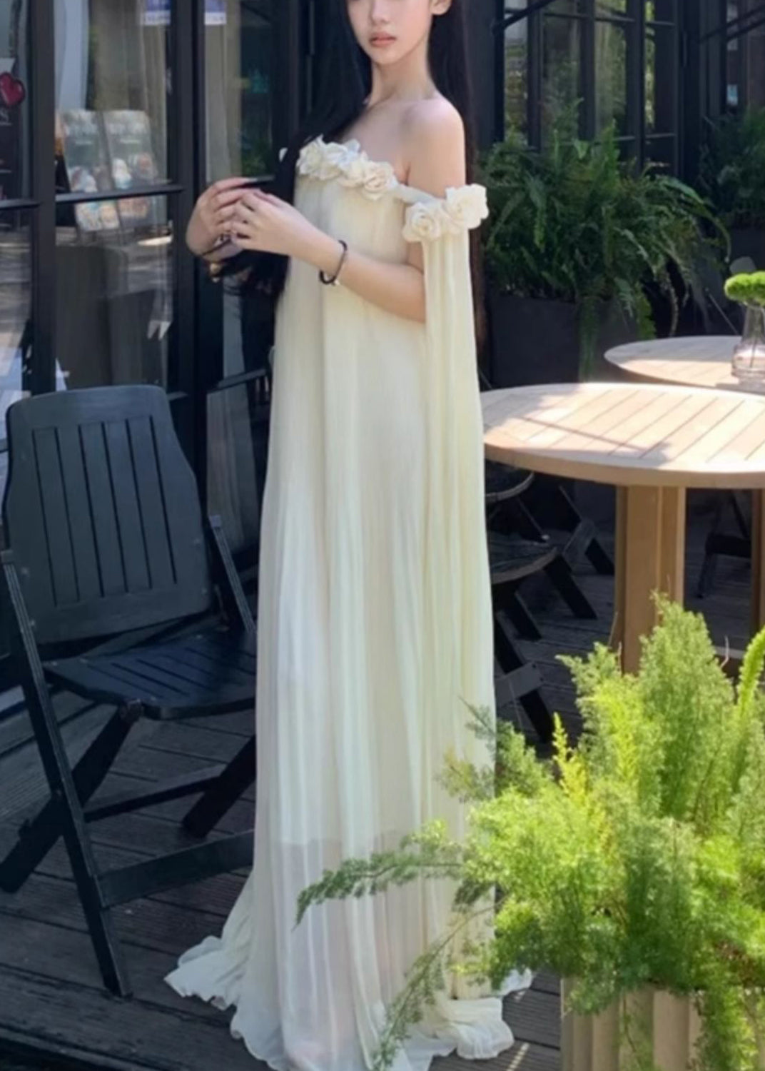 Beige Solid Summer Dresses Slash Chiffon Floral Neck Maxi
