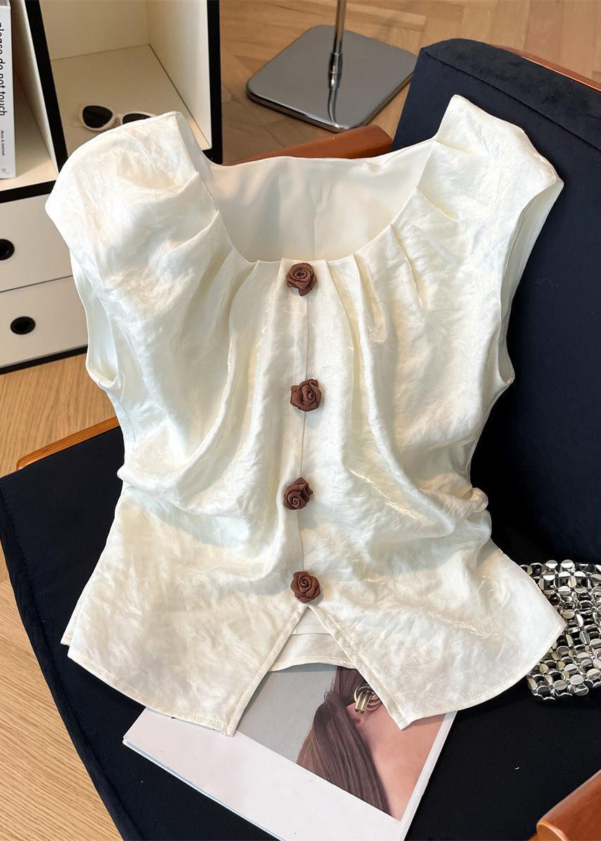 Collar Summer Silk Shirt Square Floral Front Open Beige