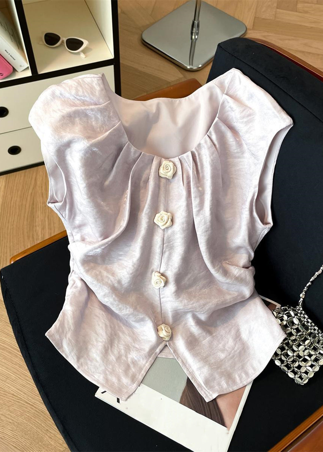 Collar Summer Silk Shirt Square Floral Front Open Beige