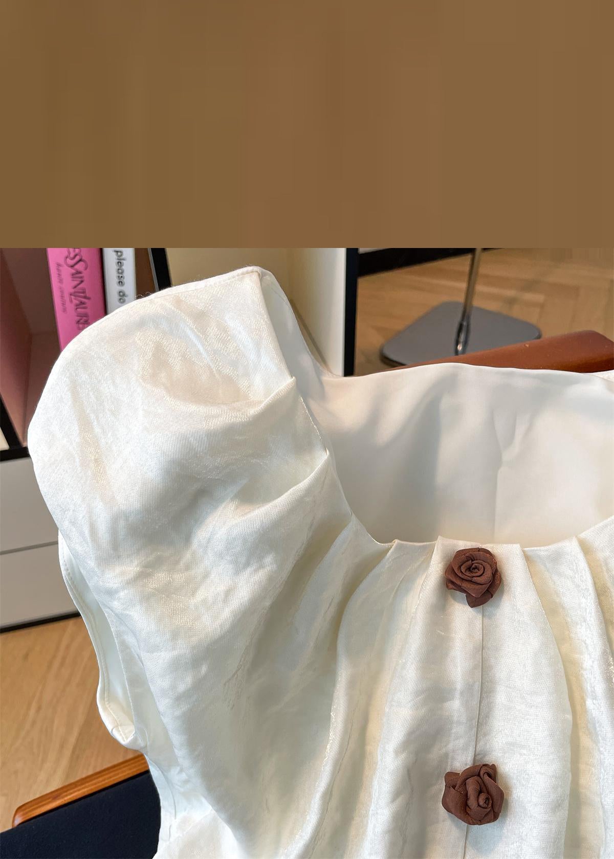 Collar Summer Silk Shirt Square Floral Front Open Beige