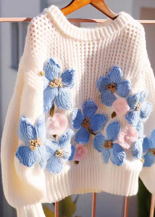 Floral Blue O Neck Hollow Out Cozy Knit Sweaters Fall QG018