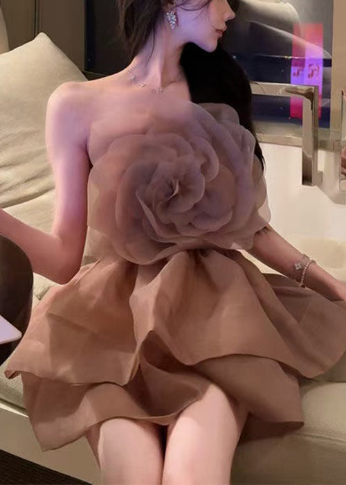 Sleeveless Floral Solid Shoulder Mini Cold Dresses Coffee