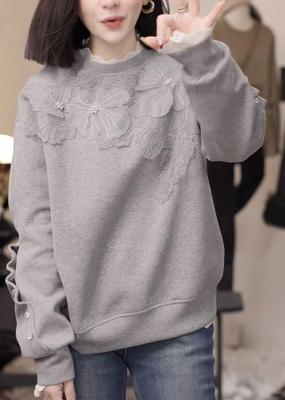 Floral Grey Nail Bead Loose Cotton Sweatshirt Fall RK030