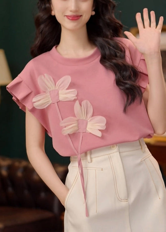 Neck Shirt Floral Patchwork Cotton T O Pink Summer