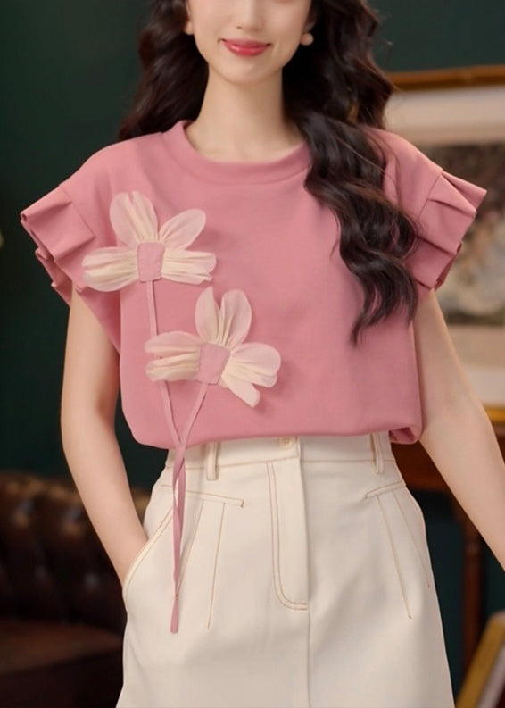 Neck Shirt Floral Patchwork Cotton T O Pink Summer