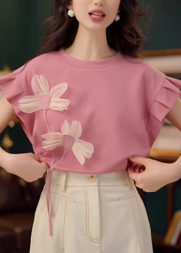 Neck Shirt Floral Patchwork Cotton T O Pink Summer