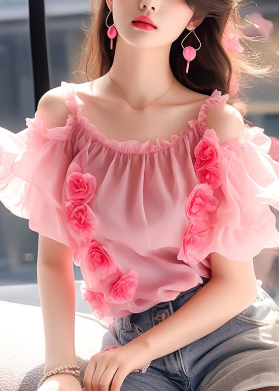 Floral Pink Ruffled Wrinkled Chiffon Top Short Sleeve OP1042