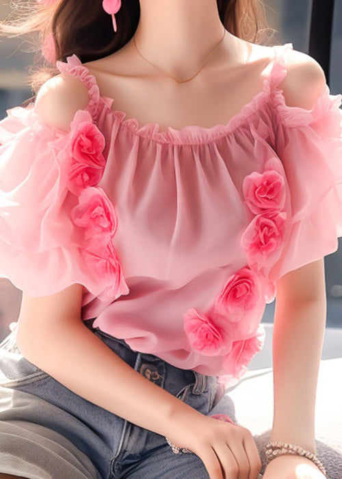 Floral Pink Ruffled Wrinkled Chiffon Top Short Sleeve OP1042