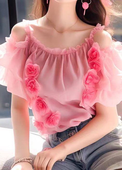 Floral Pink Ruffled Wrinkled Chiffon Top Short Sleeve OP1042