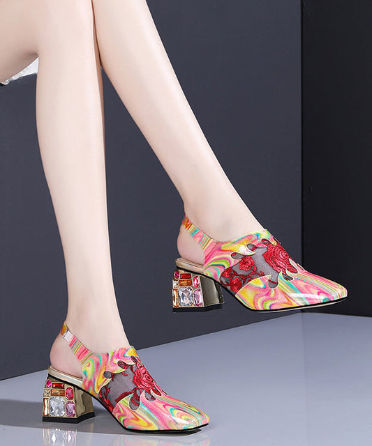 Floral Red Buckle Strap Breathable Mesh Splicing Chunky High Heels RT1053