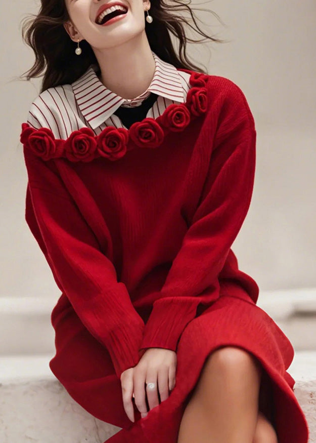 Floral Red Slash Neck Solid Knit Sweater Dress Fall QS015