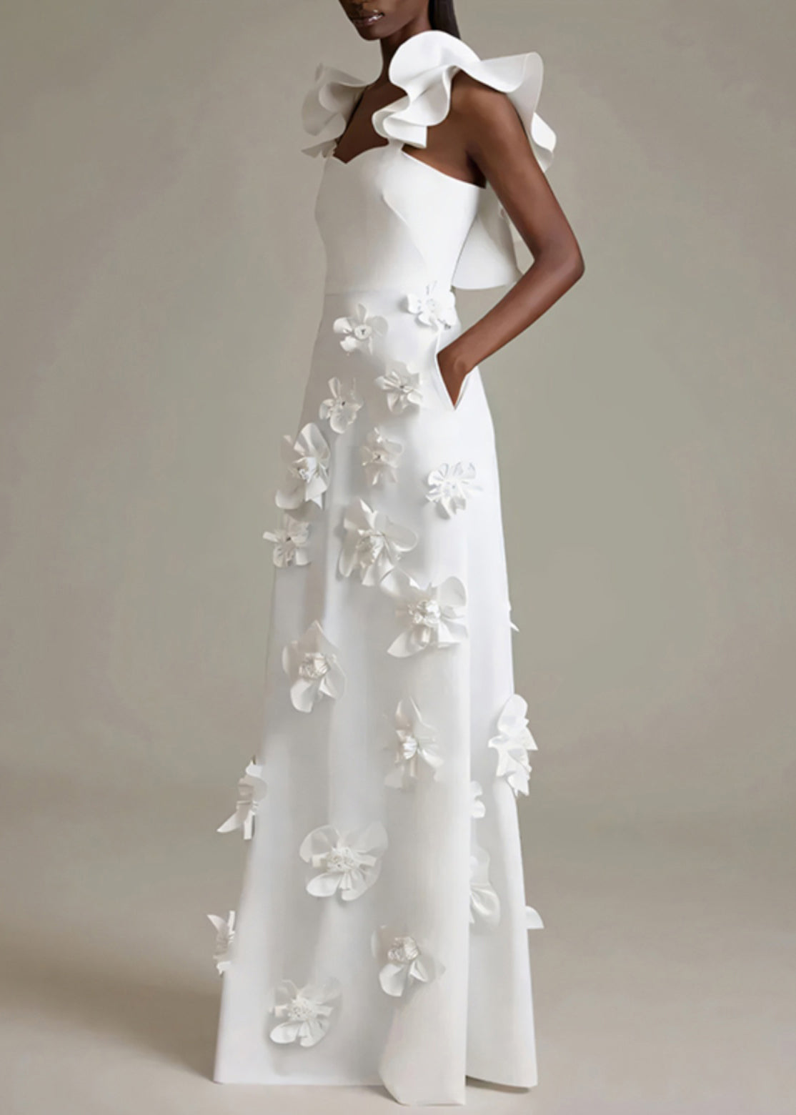 Sleeveless Cotton Party Floral Pockets Dress White Ruffled