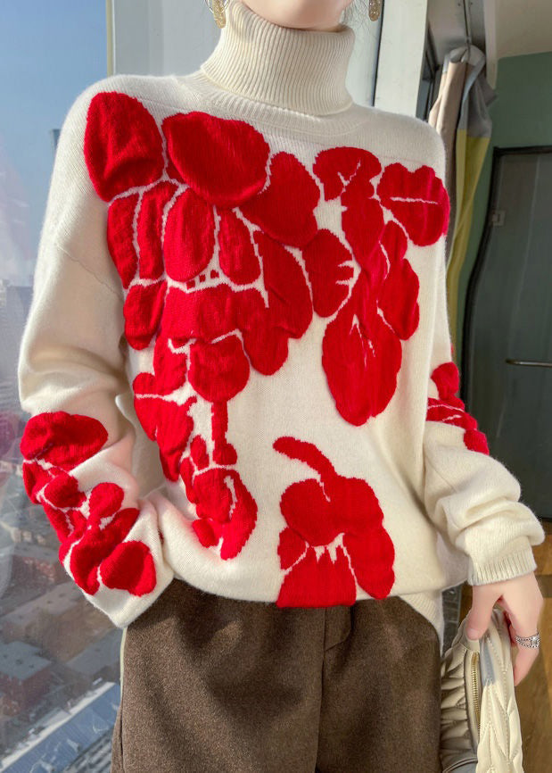 Floral White Turtleneck Patchwork Cotton Wool Knit Shirts Long Sleeve TB030