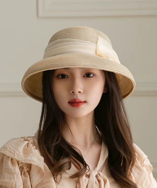 Hat French Bucket Woven Bow Straw Apricot