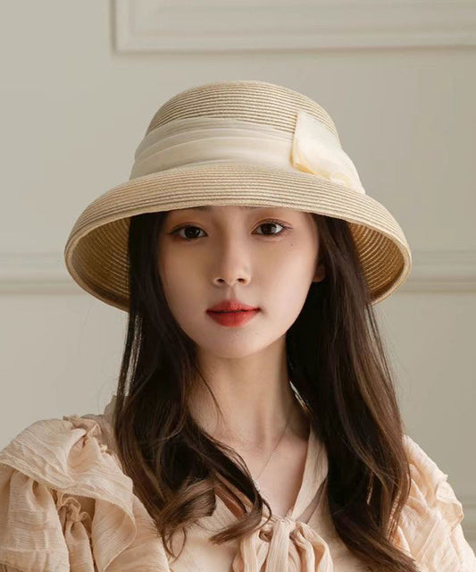 Hat French Bucket Woven Bow Straw Apricot