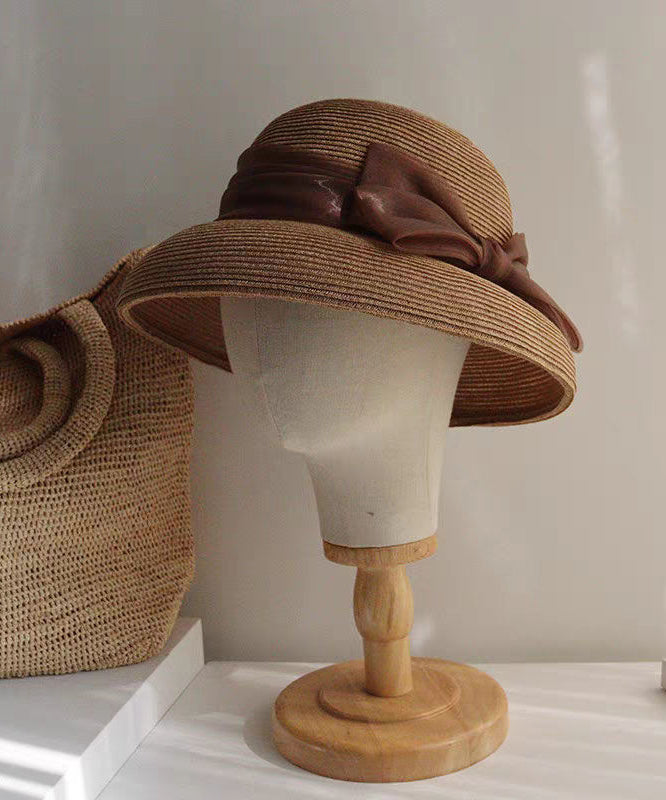 Hat French Bucket Woven Bow Straw Apricot