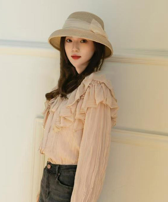 Hat French Bucket Woven Bow Straw Apricot
