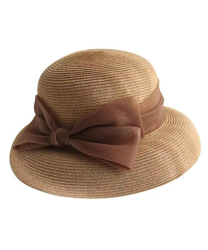 Hat French Bucket Woven Bow Straw Apricot
