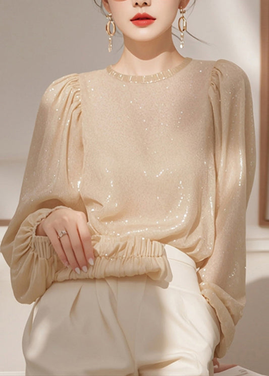 Tops Sequins Spring Shirt Neck O Apricot French