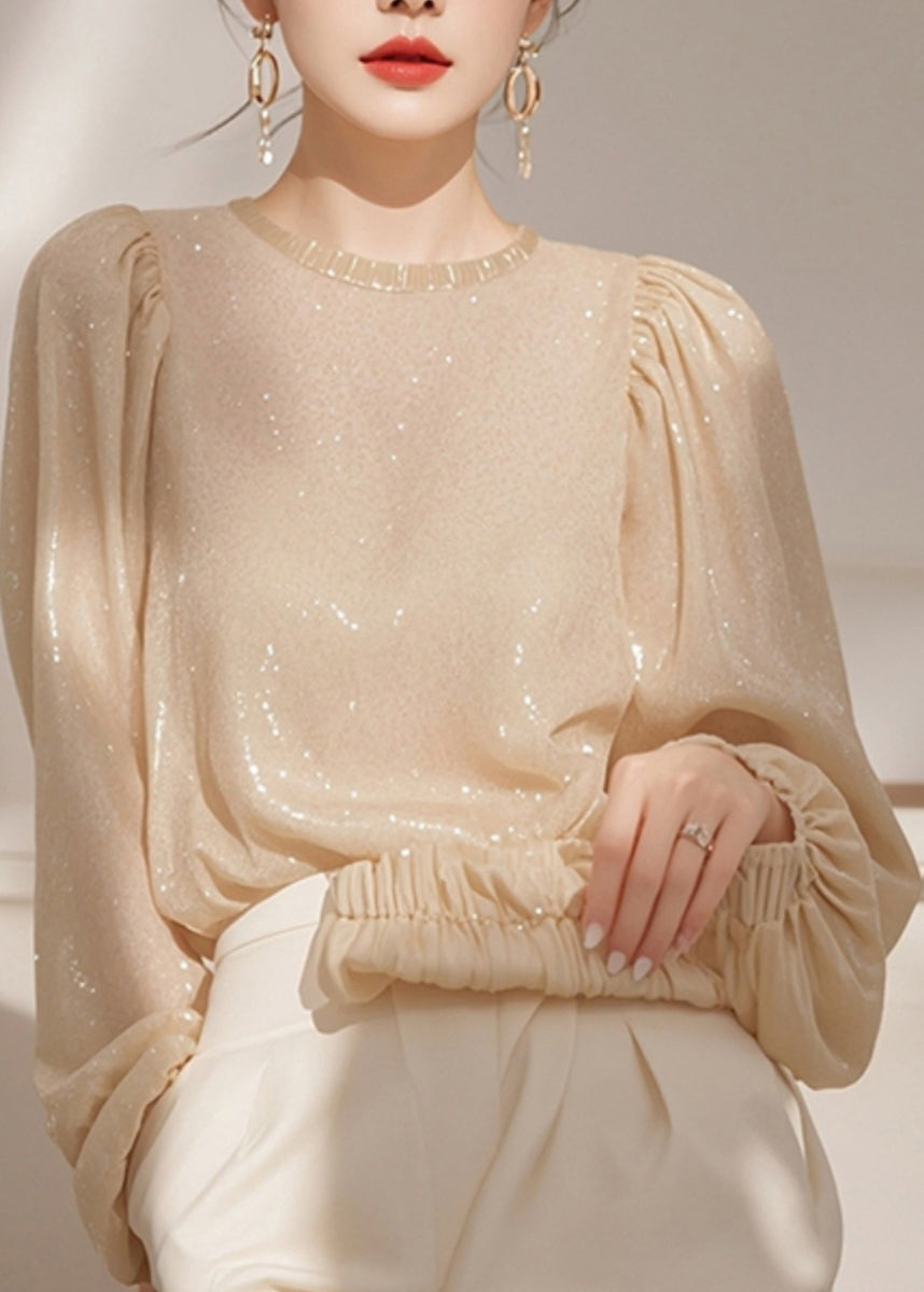 Tops Sequins Spring Shirt Neck O Apricot French