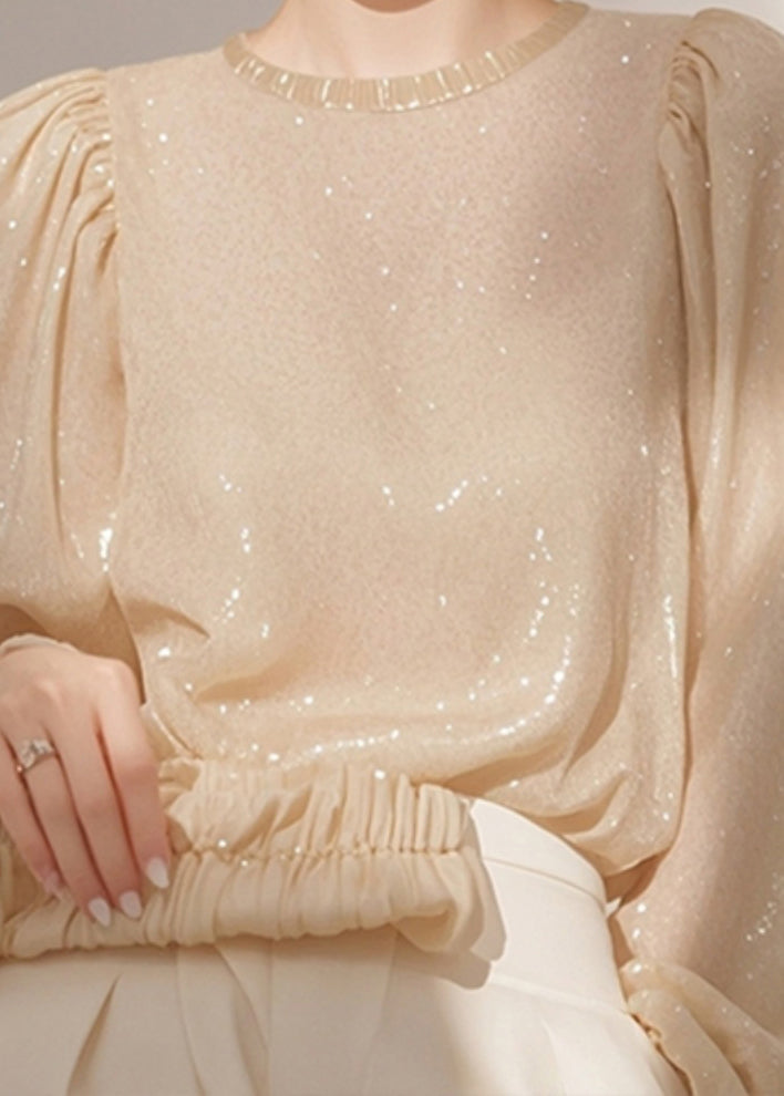 Tops Sequins Spring Shirt Neck O Apricot French