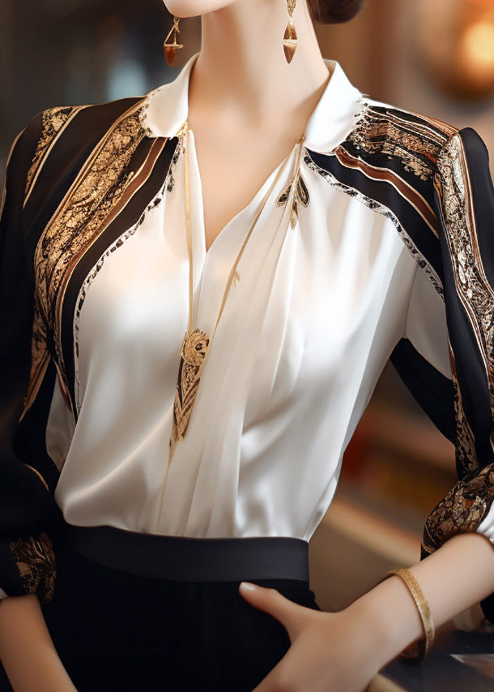 French Apricot Peter Pan Collar Print Patchwork Chiffon Shirts Spring TE040