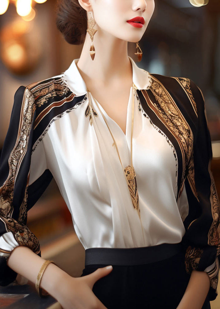 French Apricot Peter Pan Collar Print Patchwork Chiffon Shirts Spring TE040