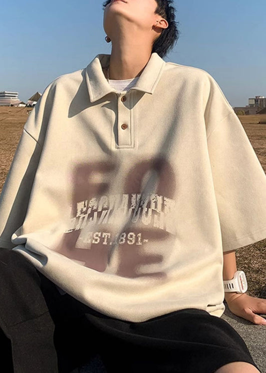 Shirts Apricot Half Polo Men Sleeve Print Oversized French Cotton