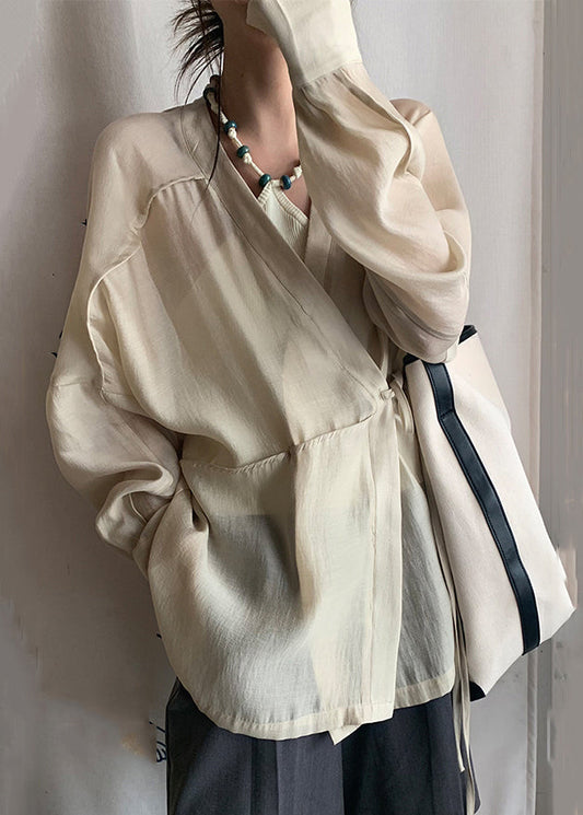 French Apricot V Neck Lace Up Silk Cotton Blouse Long Sleeve SS031