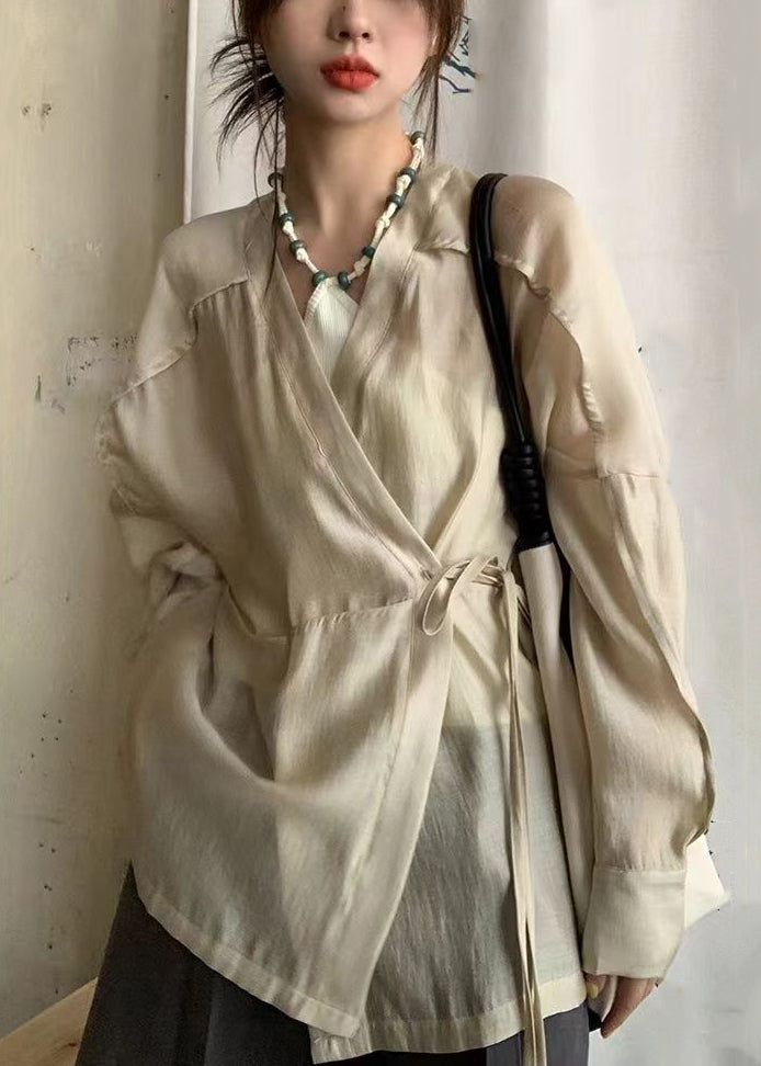 French Apricot V Neck Lace Up Silk Cotton Blouse Long Sleeve SS031