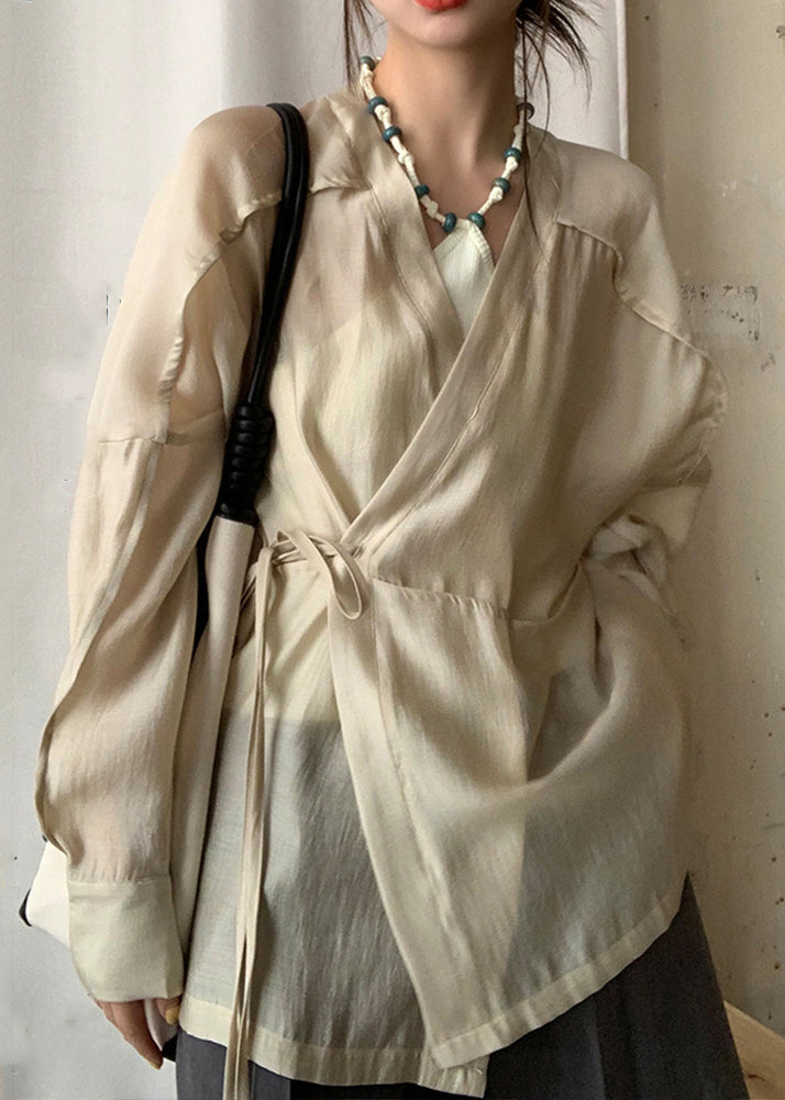 French Apricot V Neck Lace Up Silk Cotton Blouse Long Sleeve SS031