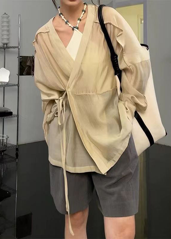 French Apricot V Neck Lace Up Silk Cotton Blouse Long Sleeve SS031