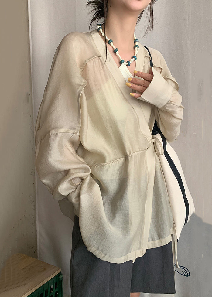 French Apricot V Neck Lace Up Silk Cotton Blouse Long Sleeve SS031