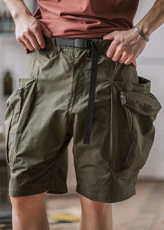 Pockets French Cotton Army Men Summer Shorts Green Zip Up