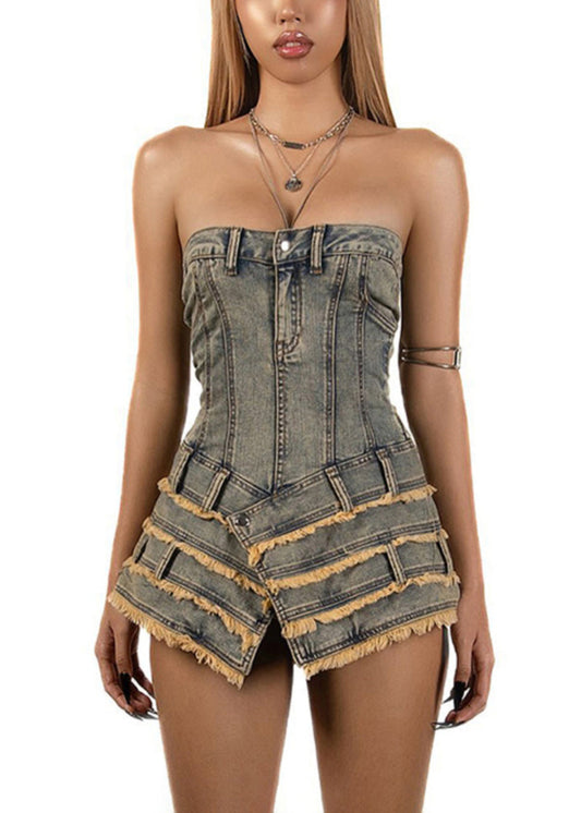 Dresses French Denim Sleeveless Asymmetrical Mini Strapless