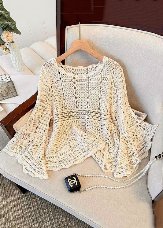 Sleeve Hollow Cozy French Beige Flare Knit Top Out