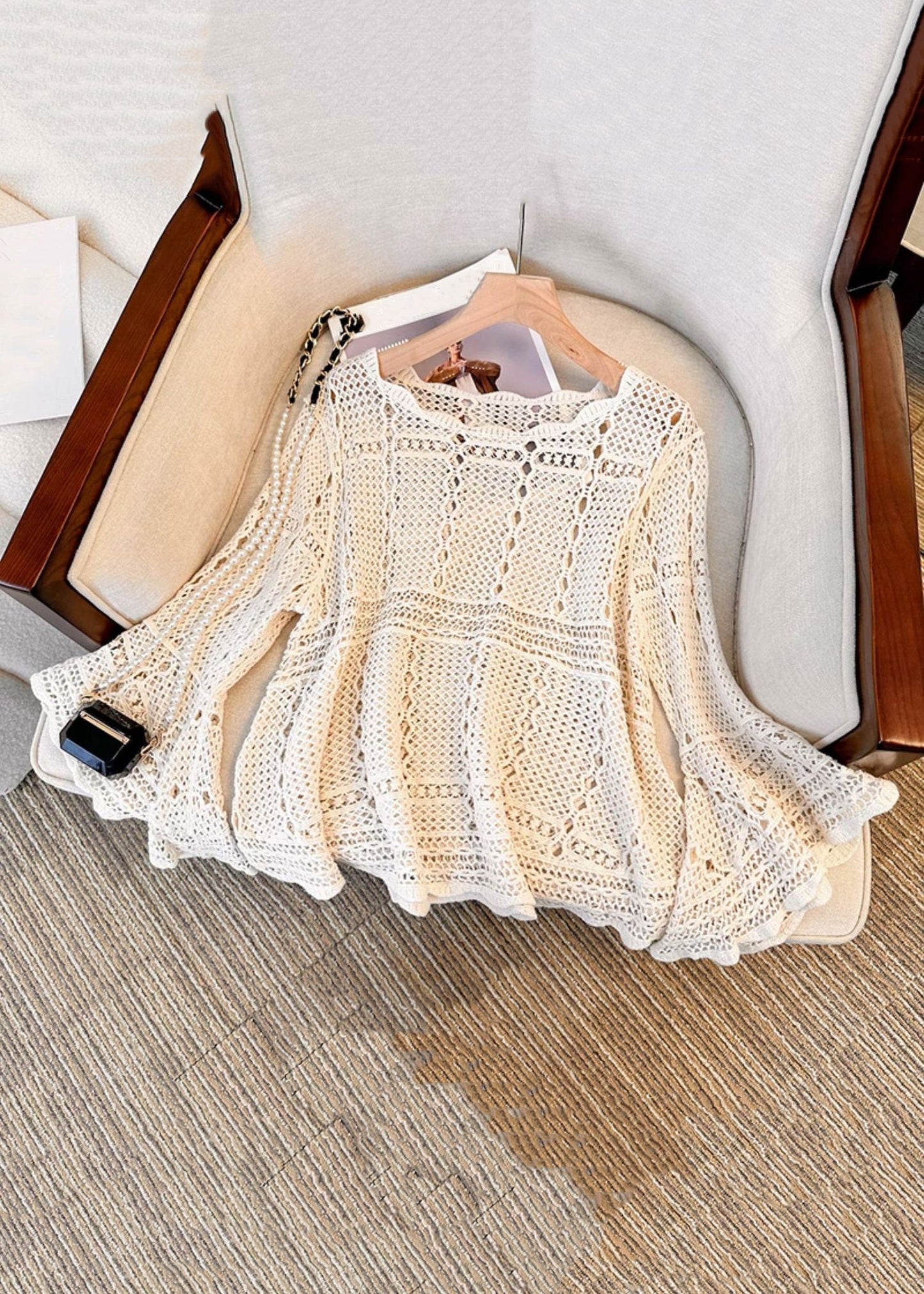 Sleeve Hollow Cozy French Beige Flare Knit Top Out