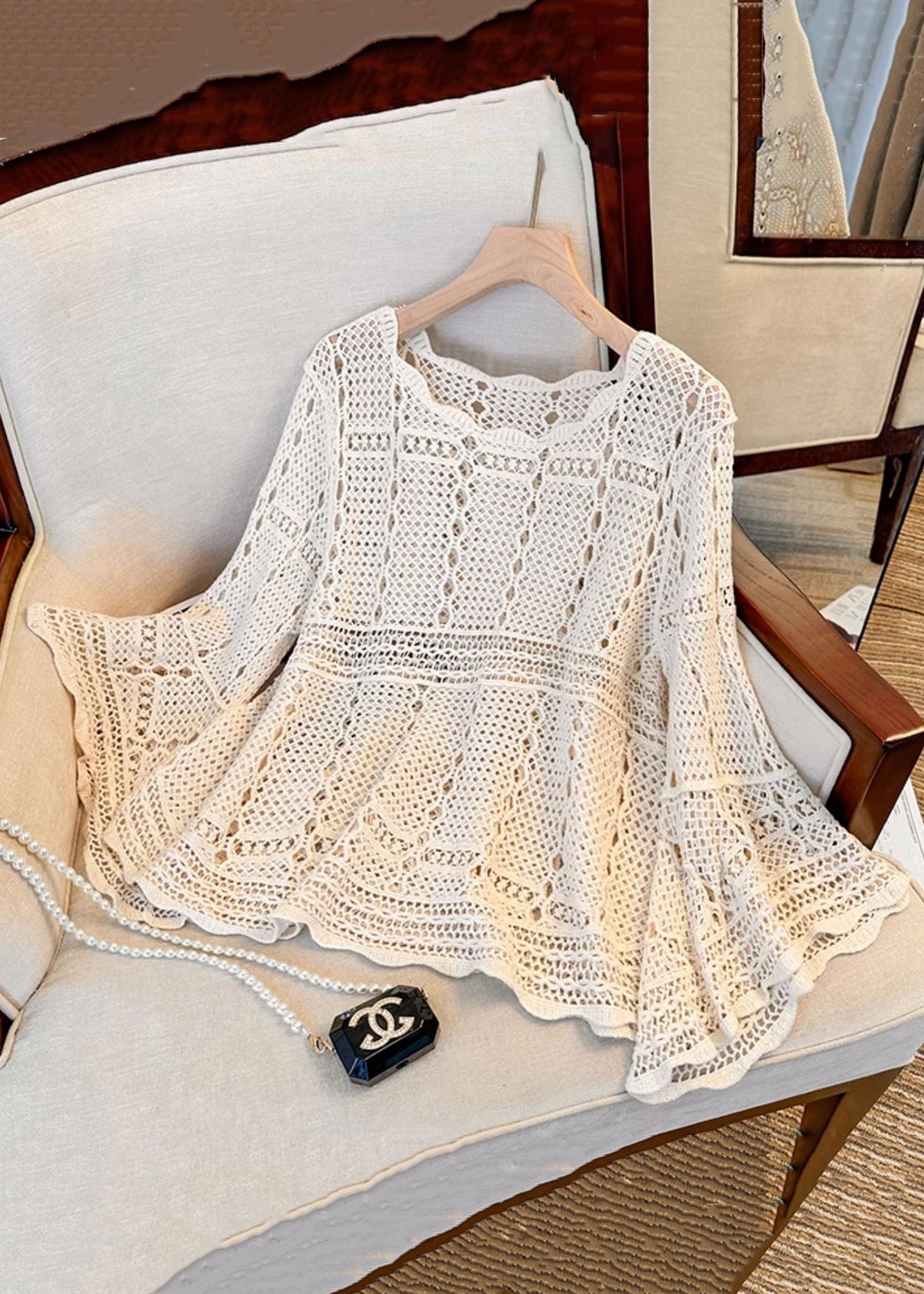 Sleeve Hollow Cozy French Beige Flare Knit Top Out