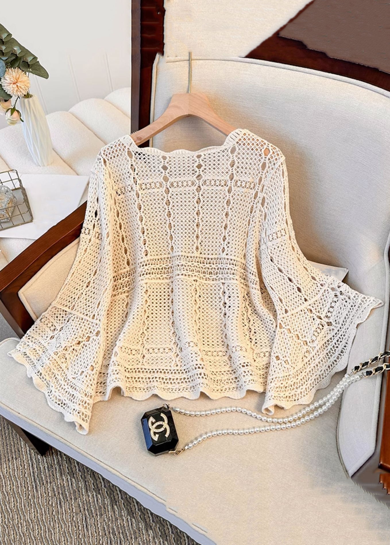 Sleeve Hollow Cozy French Beige Flare Knit Top Out