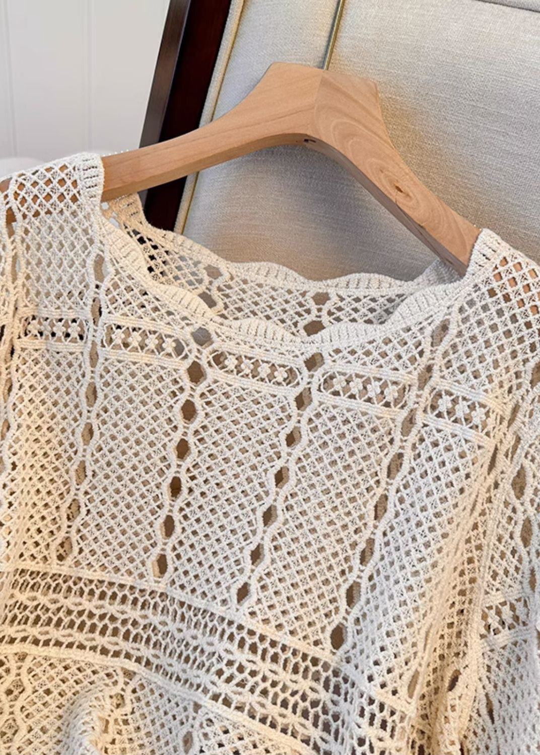 Sleeve Hollow Cozy French Beige Flare Knit Top Out