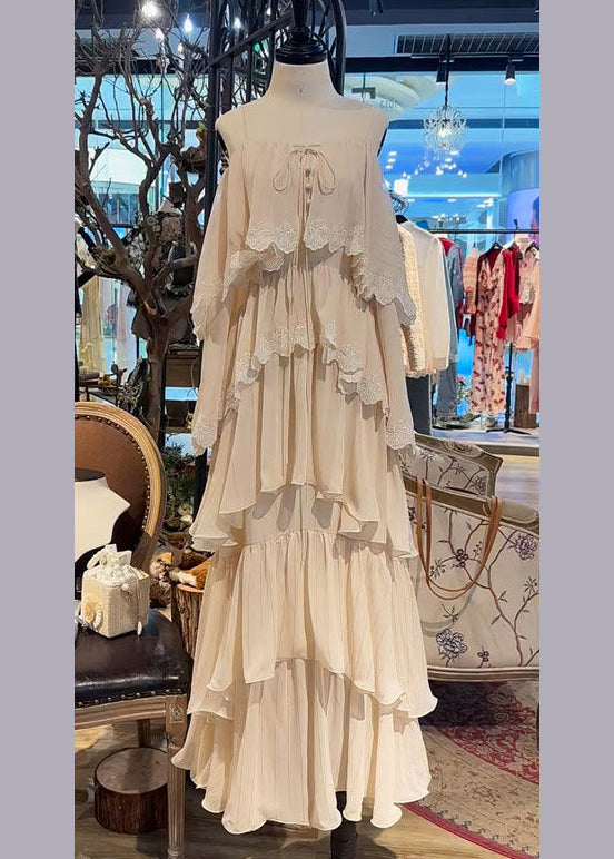 Lace French Beige Up Sleeveless Spaghetti Strap Dress