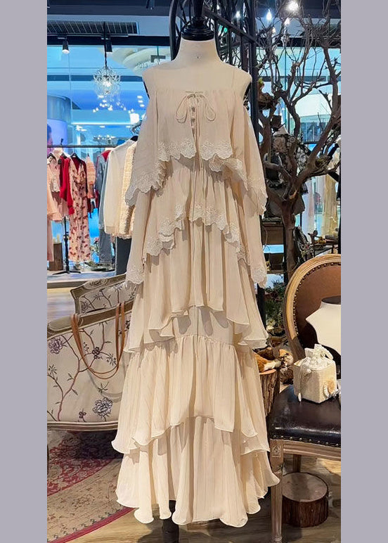 Lace French Beige Up Sleeveless Spaghetti Strap Dress