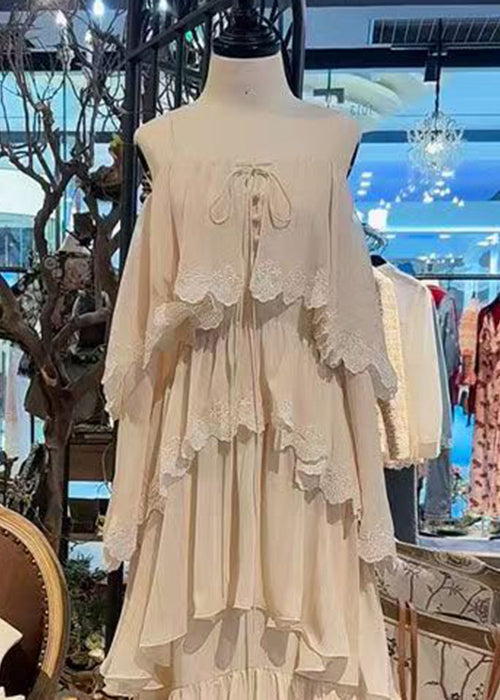 Lace French Beige Up Sleeveless Spaghetti Strap Dress