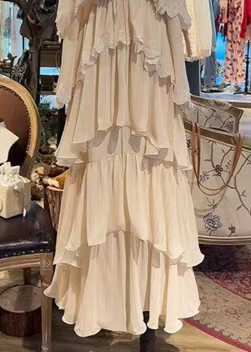 Lace French Beige Up Sleeveless Spaghetti Strap Dress